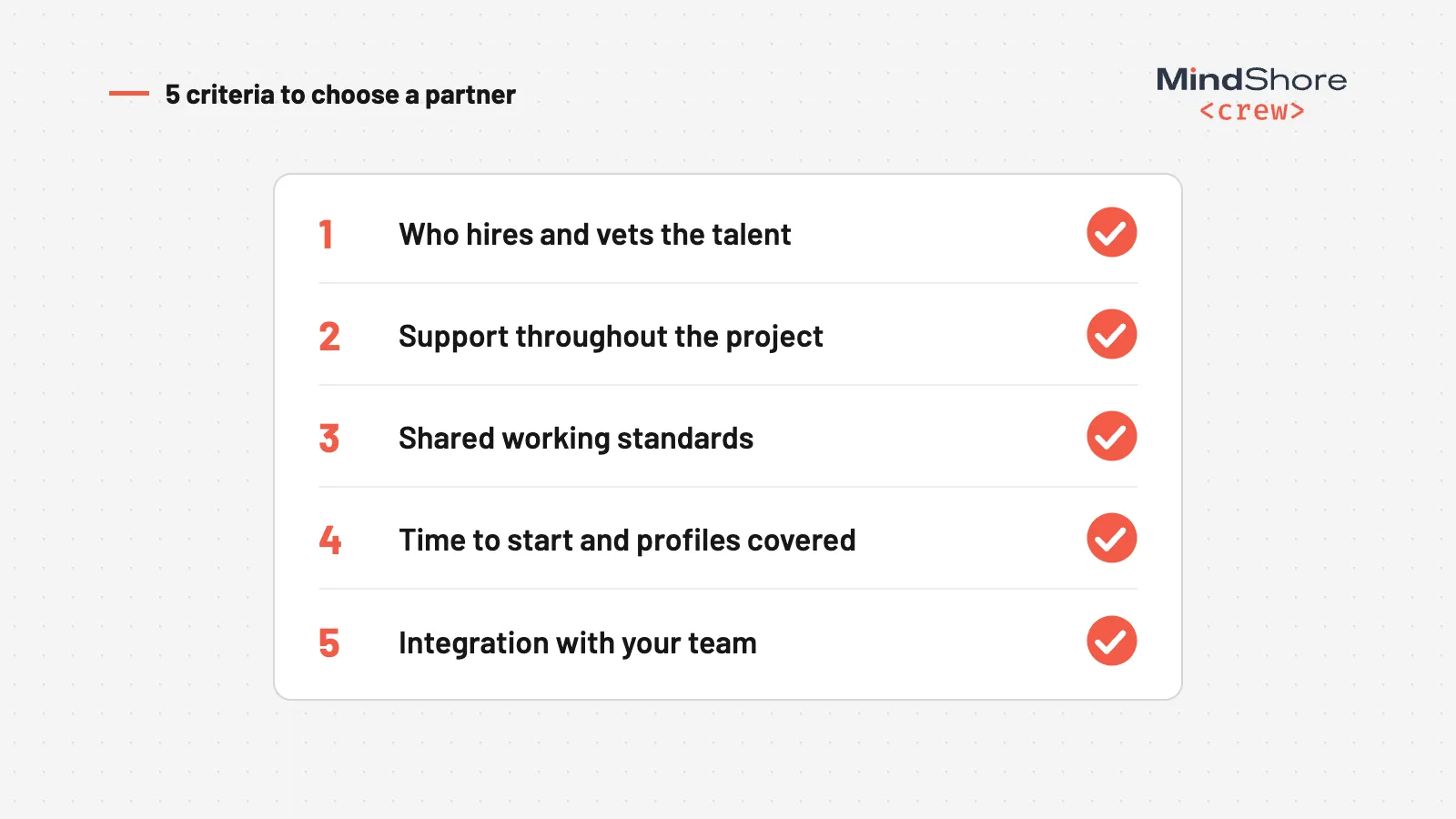 Infographic: checklist with the five criteria to choose a staff augmentation partner.