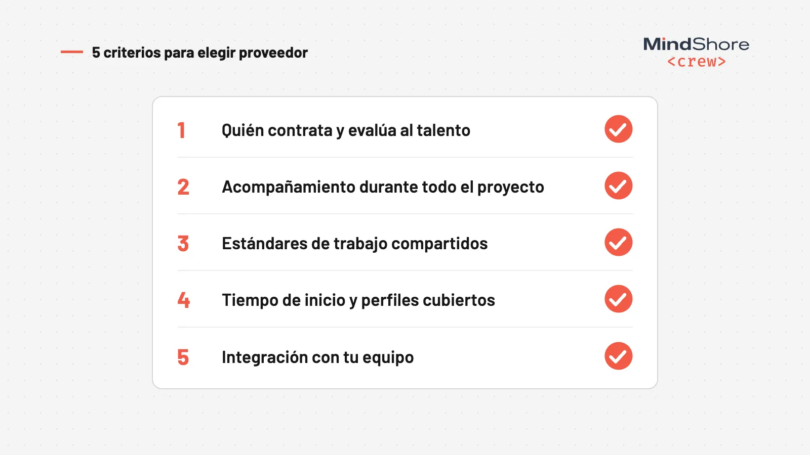 Infografía: checklist con los cinco criterios para elegir un proveedor de staff augmentation.